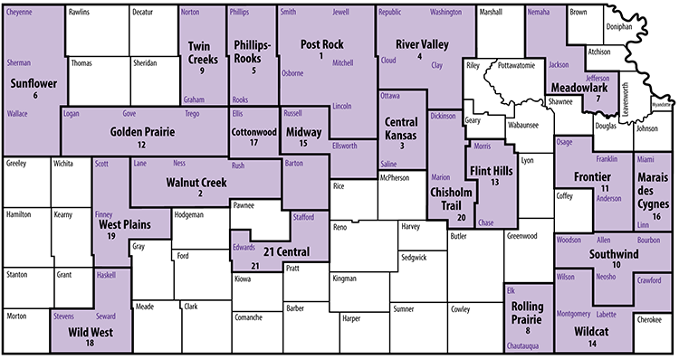 map showing Kansas counties and extension districts