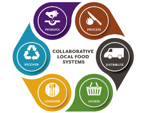 Collaborative local food systems include produce, process, distribute, access, consume, and recover.