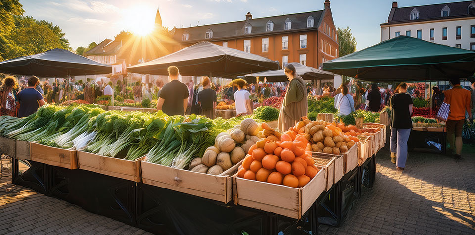 A farmers market with shelves of fresh produce and several people walking in the background